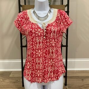 LUCKY BRAND Pink & Cream Ikat Tee with macramé Neckline XS
